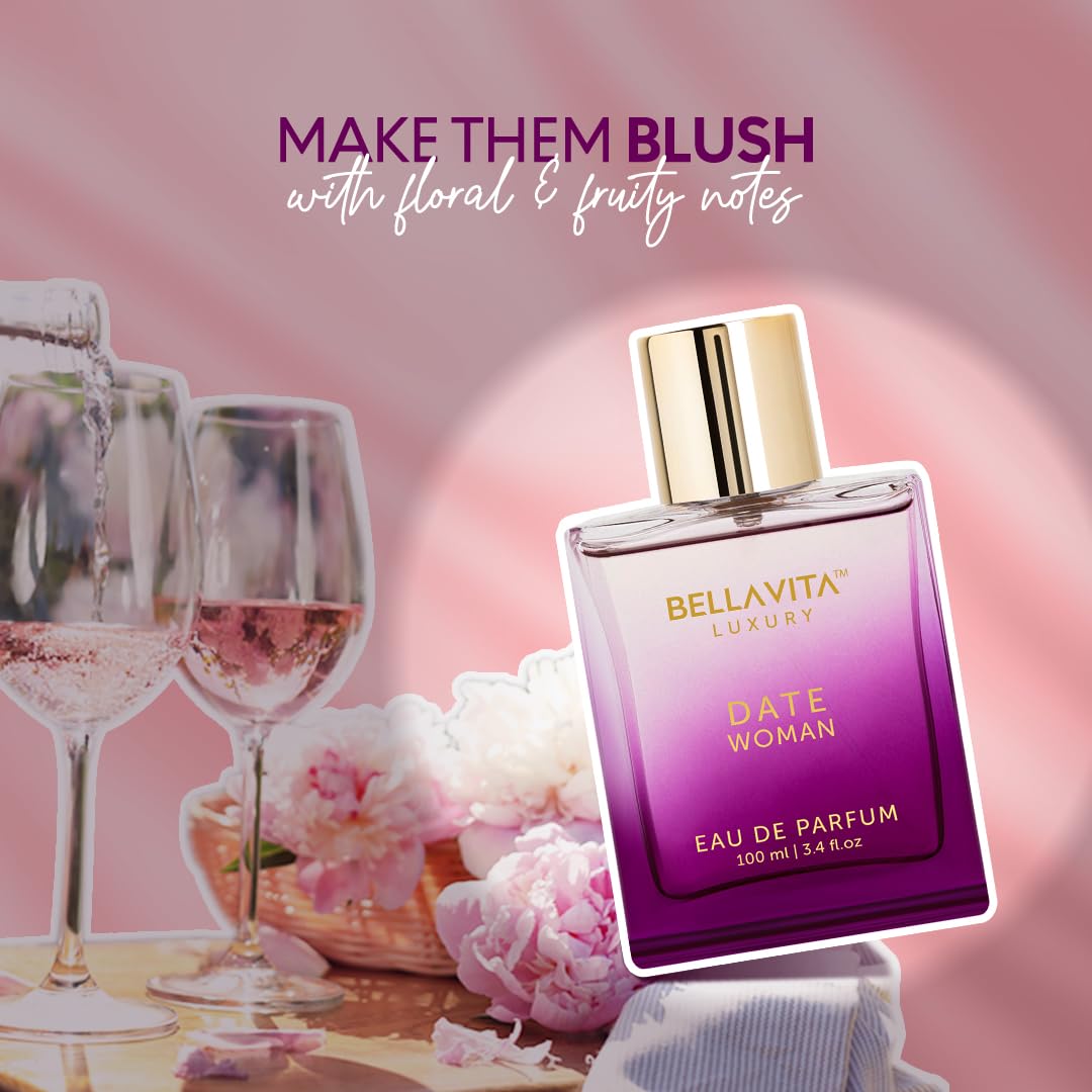 Bellavita Luxury DATE Eau de Parfum | 100 ml (3.4 fl.oz.) | Perfume for Women | Floral, Pink Pepper, Jasmine, and Moss Notes | Long Lasting Fragrance | Mother's Day Present