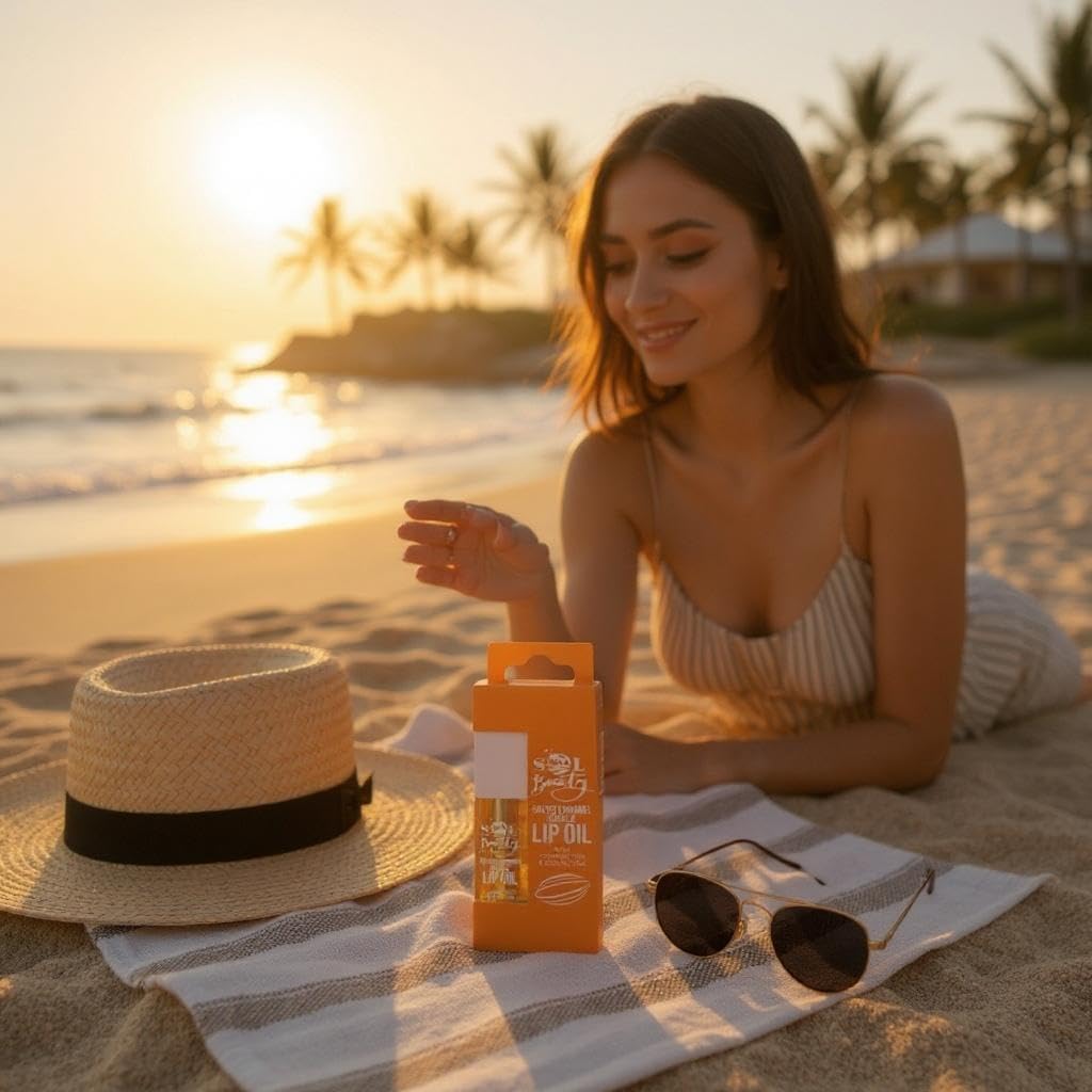 Sol Beauty Salted Caramel Vanilla Lip Oil with Cocoa Butter and Shea Butter, Hydrate and Soften your Lips, Vegan Friendly and Cruelty Free Lip Oil 3g