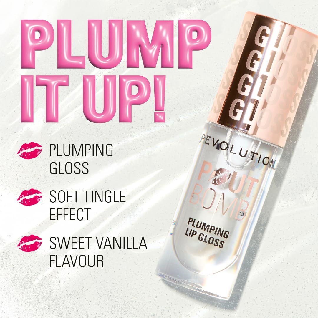 Revolution Beauty, Pout Bomb Plumping Lip Gloss, High-Shine for Glossy, Fuller & Plump Lips with Hyaluronic Acid & Peptides, Vegan & Cruelty-Free, Sheer Milky Nude Halalzen
