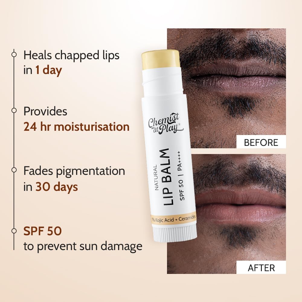 Chemist At Play's Natural Lip Balm| Repairs Chapped Lips Brightens Dark Lips | 1% Kojic Acid| SPF 50 PA++++| For men and women| 4.5gm