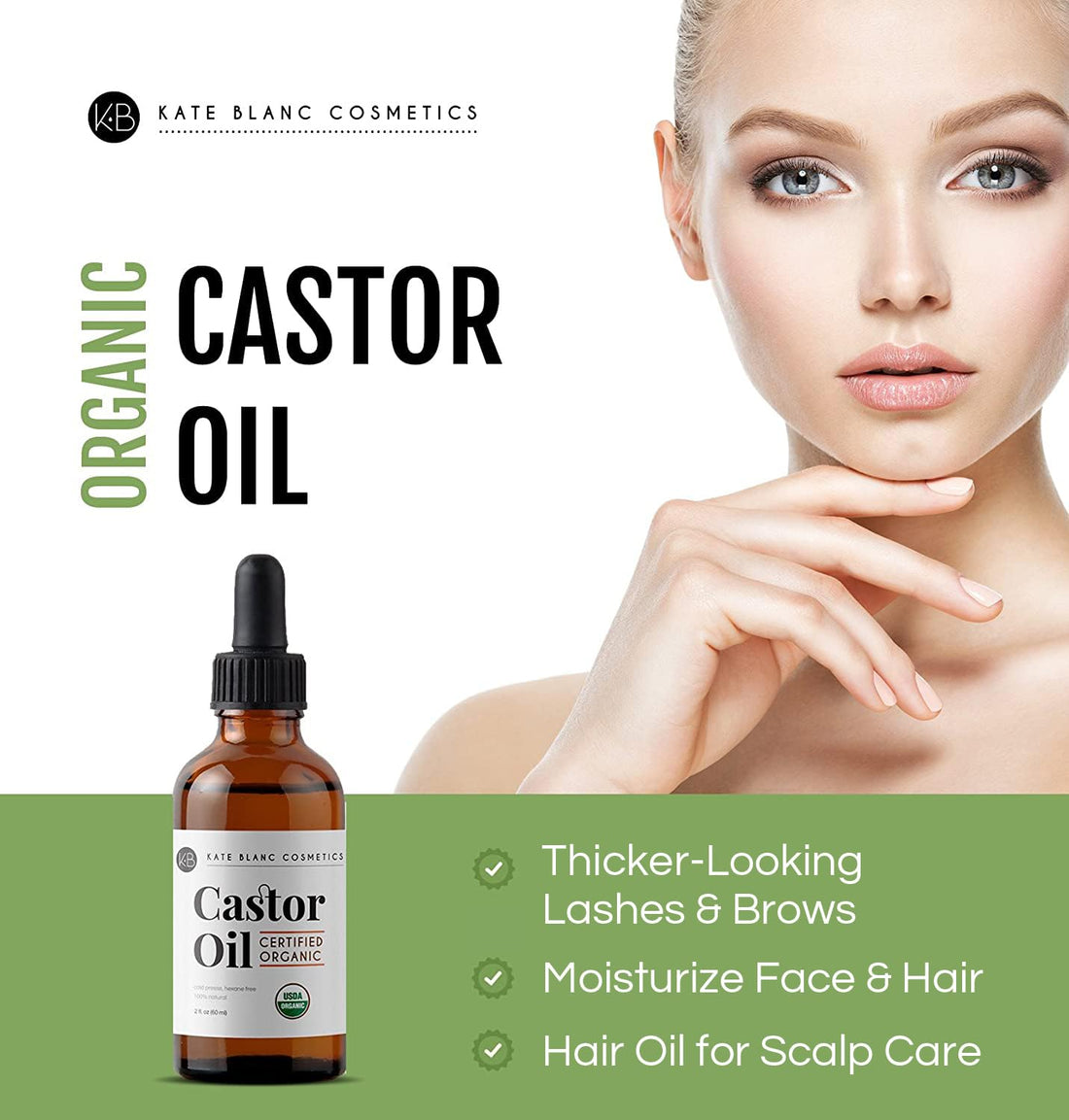 Kate Blanc Cosmetics Castor Oil Organic for Hair, Lashes, Face, Skin (2oz), 100% Pure, Cold Pressed, Hexane Free Hair Oil. Lash Serum for Thicker-Looking Eyelashes & Eyebrows Halalzen