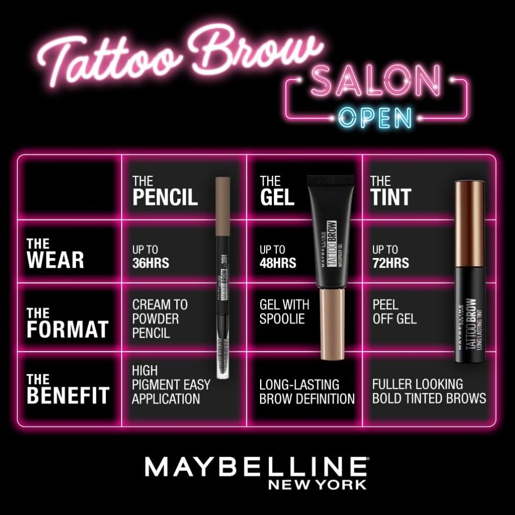 Maybelline New York Tattoo Brow Peel Off Eyebrow Gel Tint, Semi-Permanent Colour, Waterproof, Lasts up to 3 Days, Colour: Dark Brown