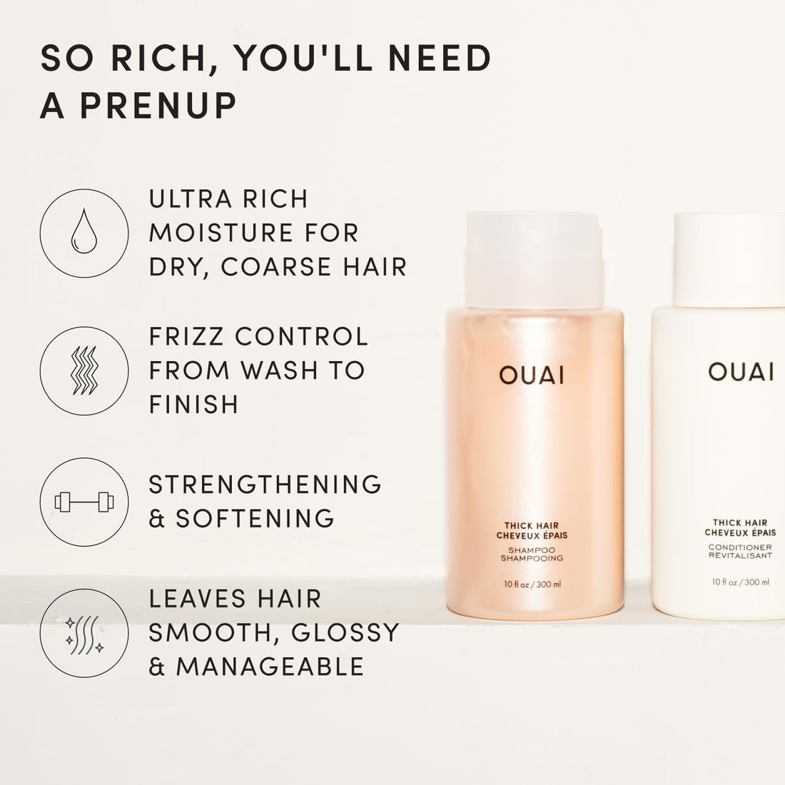 OUAI Thick Shampoo + Conditioner Set - Fight Frizz and Nourish Dry, Thick Hair with Keratin, Marshmallow Root, Shea Butter & Avocado Oil - Free of Parabens, Sulfates & Phthalates - 300 ml Each Halalzen