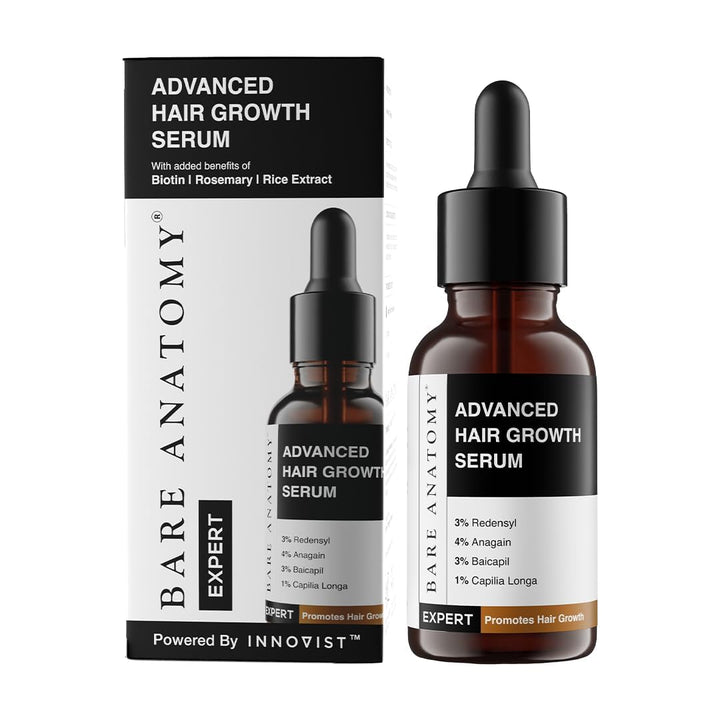 Bare Anatomy Advanced Hair Growth Serum| 3% Redensyl - 2x Better Results than Minoxidil | + 4% Anagain + 3% Baicapil | Rosemary, Biotin | Hair growth & Hair fall control serum for Women & Men | 30mL Halalzen