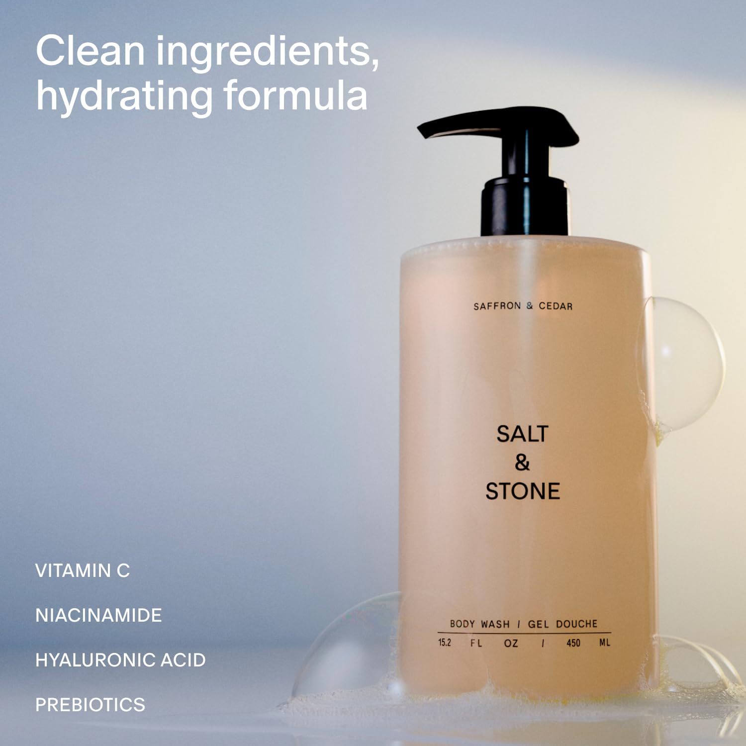 Salt & Stone Body Wash with Antioxidants for Deep Moisture | For Women & Men, Sulfate, Paraben, & Dye Free, Leaving Skin Soft and Hydrated | Bergamot & Hinoki 15.2 fl oz
