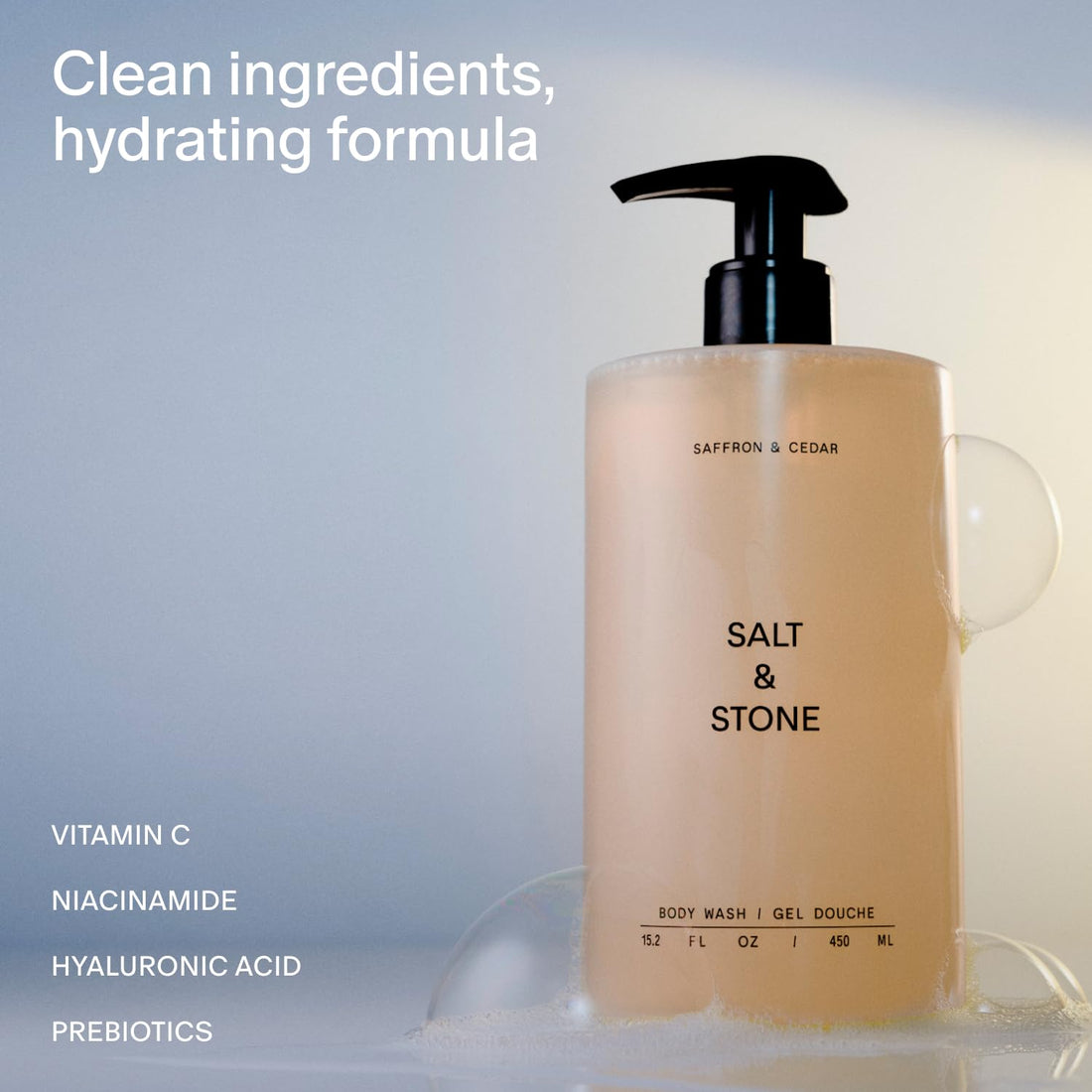 Salt & Stone Body Wash with Antioxidants for Deep Moisture | For Women & Men, Sulfate, Paraben, & Dye Free, Leaving Skin Soft and Hydrated | Bergamot & Hinoki 15.2 fl oz