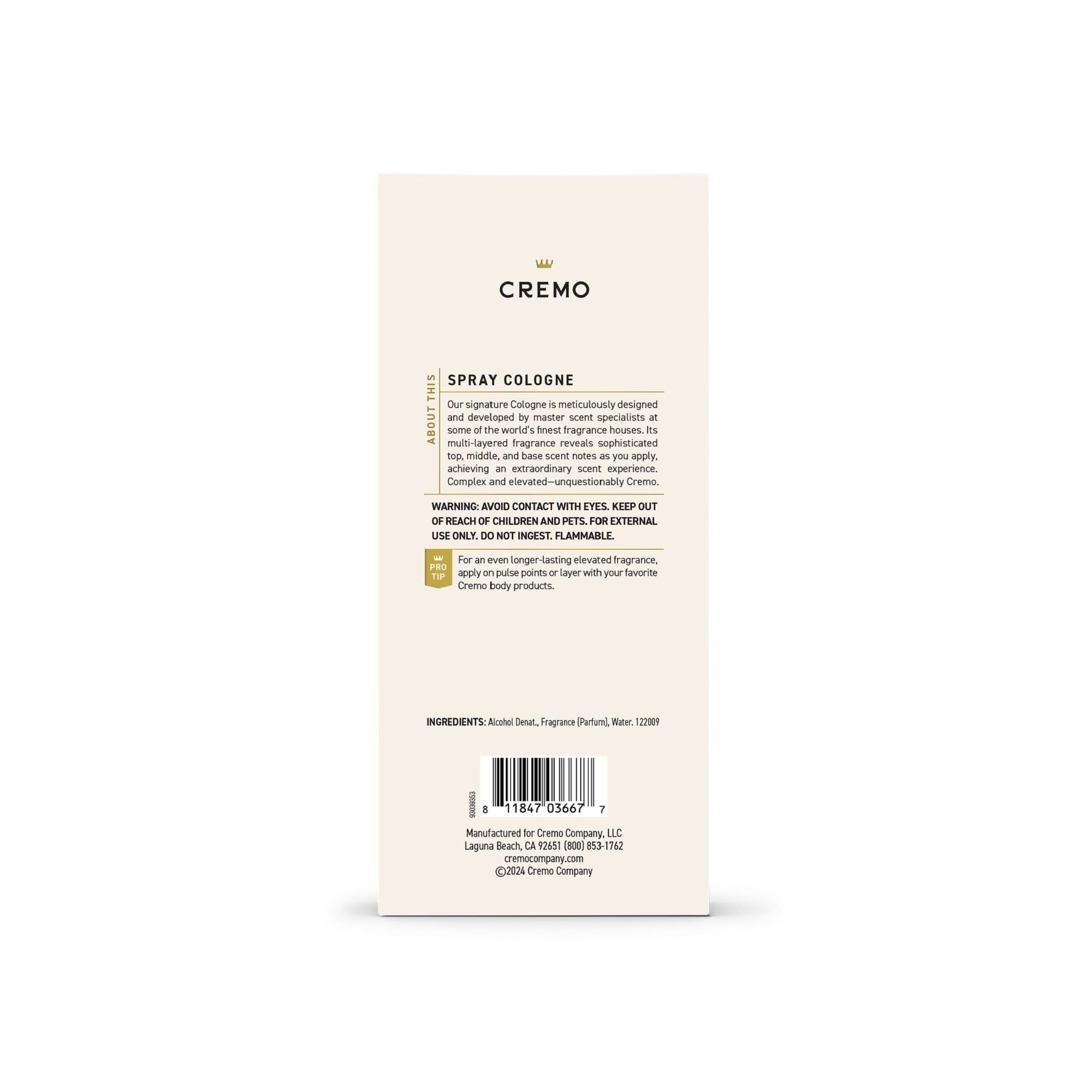 Cremo Cologne Homme - Eau de Cologne en Spray Épices et Vanille Noire pour Homme, Une Explosion d'Épices Vibrantes, de Bois Foncés et de Vanille Noire, Parfums Homme Signature Multi-Couches, 100 ml