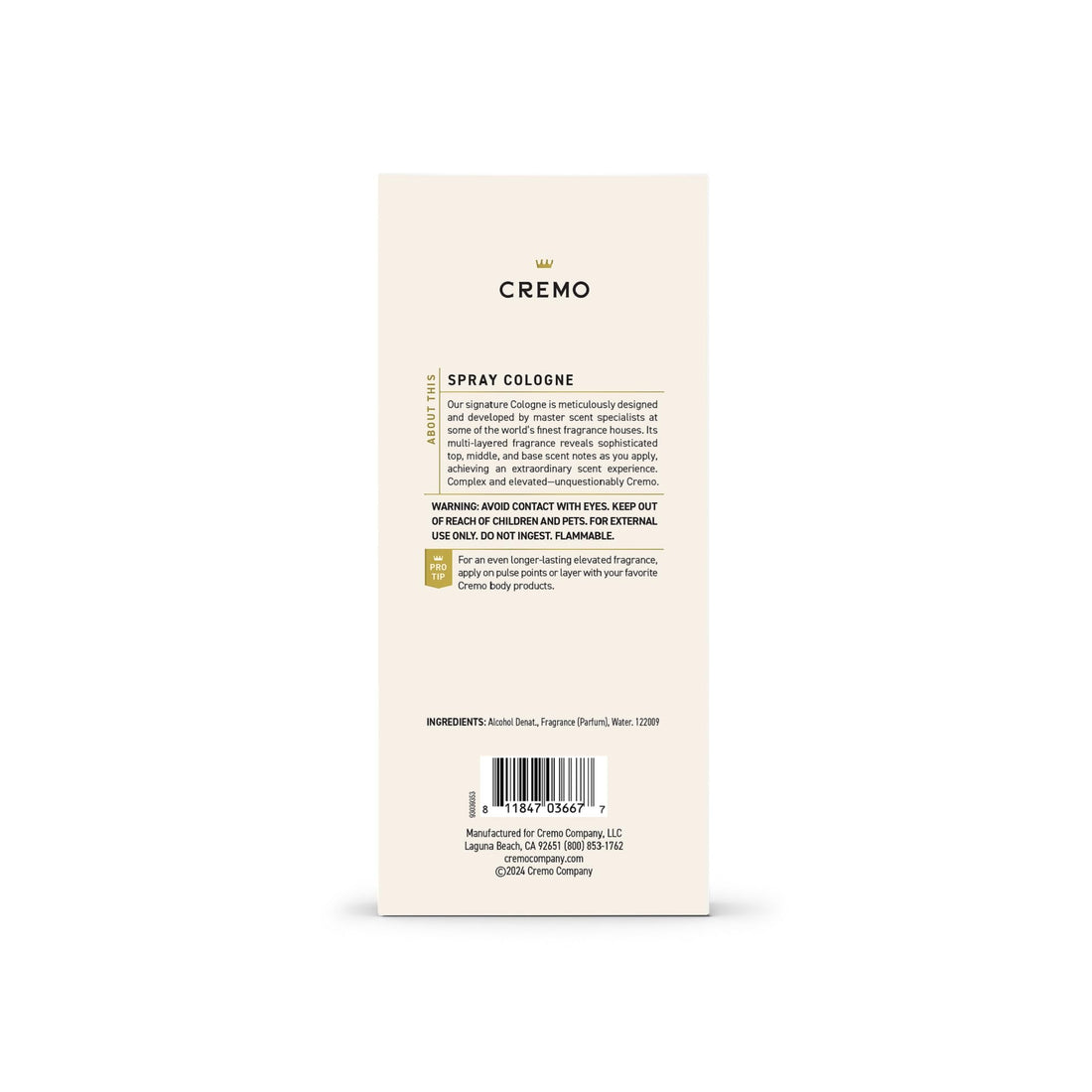 Cremo Cologne Homme - Eau de Cologne en Spray Épices et Vanille Noire pour Homme, Une Explosion d'Épices Vibrantes, de Bois Foncés et de Vanille Noire, Parfums Homme Signature Multi-Couches, 100 ml