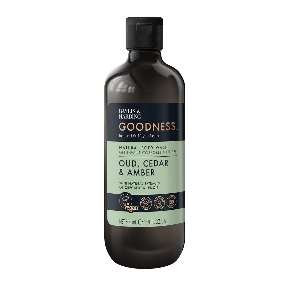 Baylis & Harding Goodness Oud, Cedar and Amber Body Wash, 500 ml (Pack of 3) - Vegan Friendly