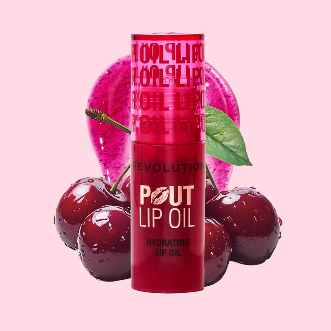 Revolution, Pout Lip Oil, Nourishing Tinted Lip Oil, High Shine, Non-Sticky Finish, Vegan & Cruelty-Free, Glam Pink Shimmer, 4ml