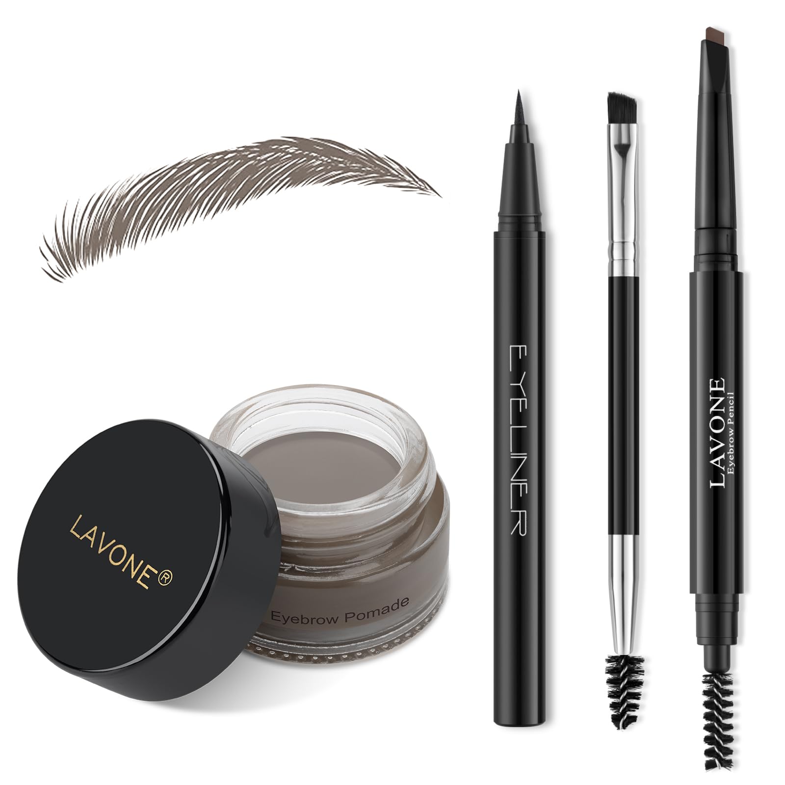 LAVONE Makeup Kit With Eyebrow Stamp Pencil, Waterproof Brow Pencil & Pomade, Eyeliner, Dual-ended Eyebrow Brush, Dark Brown