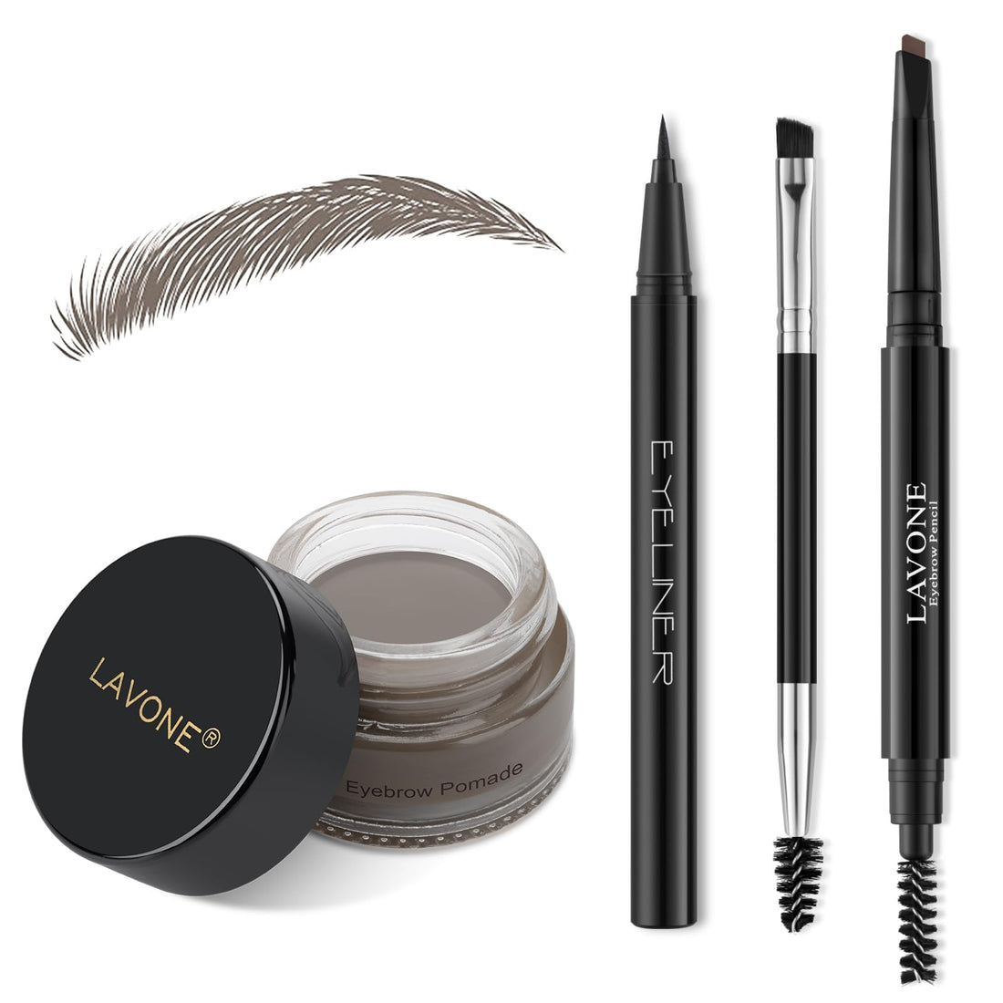 LAVONE Makeup Kit With Eyebrow Stamp Pencil, Waterproof Brow Pencil & Pomade, Eyeliner, Dual-ended Eyebrow Brush, Dark Brown