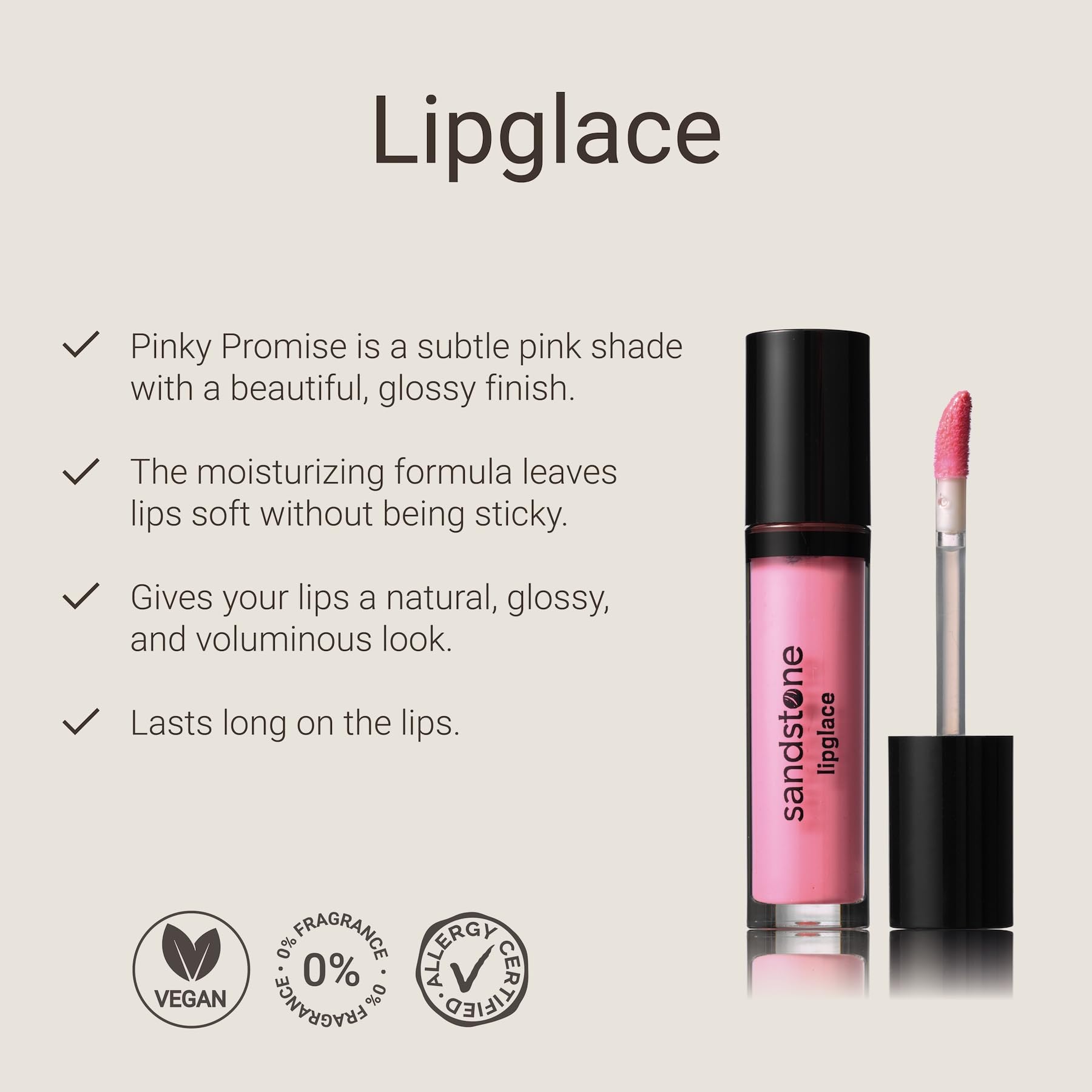 Sandstone Scandinavia Lipglace – Non-Sticky & Moisturizing Lip Gloss – Hypoallergenic, Vegan, Fragrance-Free & Allergy Certified (Pinky Promise) Halalzen