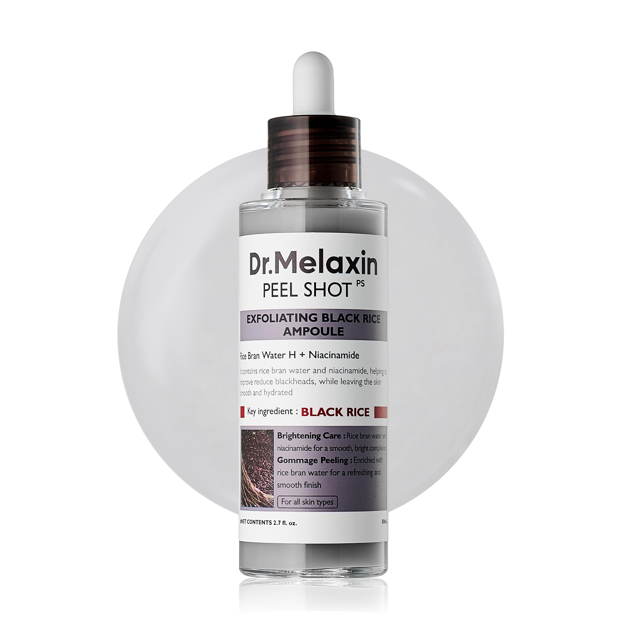 Dr.Melaxin Peel Shot Glow Black Rice Peeling Ampoule – AHA BHA Daily Chemical Exfoliant with Rice Water & Niacinamide, Glass Skin Texture for Dead Skin & Dull Complexion, Korean Skincare 2.7 fl.oz