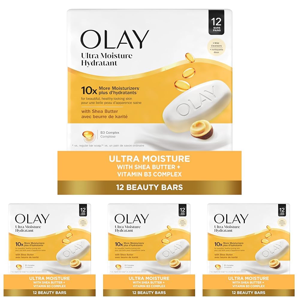 Olay Beauty Bar, Ultra Moisture,10x More Moisturizers, Nourishing Conditioners, Smooth & Gentle on Skin, Vitamin B3 Complex, For All Skin Types, Shea Butter Scent, 3.17 oz, (Pack of 12)