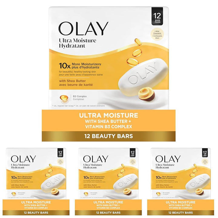 Olay Beauty Bar, Ultra Moisture,10x More Moisturizers, Nourishing Conditioners, Smooth & Gentle on Skin, Vitamin B3 Complex, For All Skin Types, Shea Butter Scent, 3.17 oz, (Pack of 12)