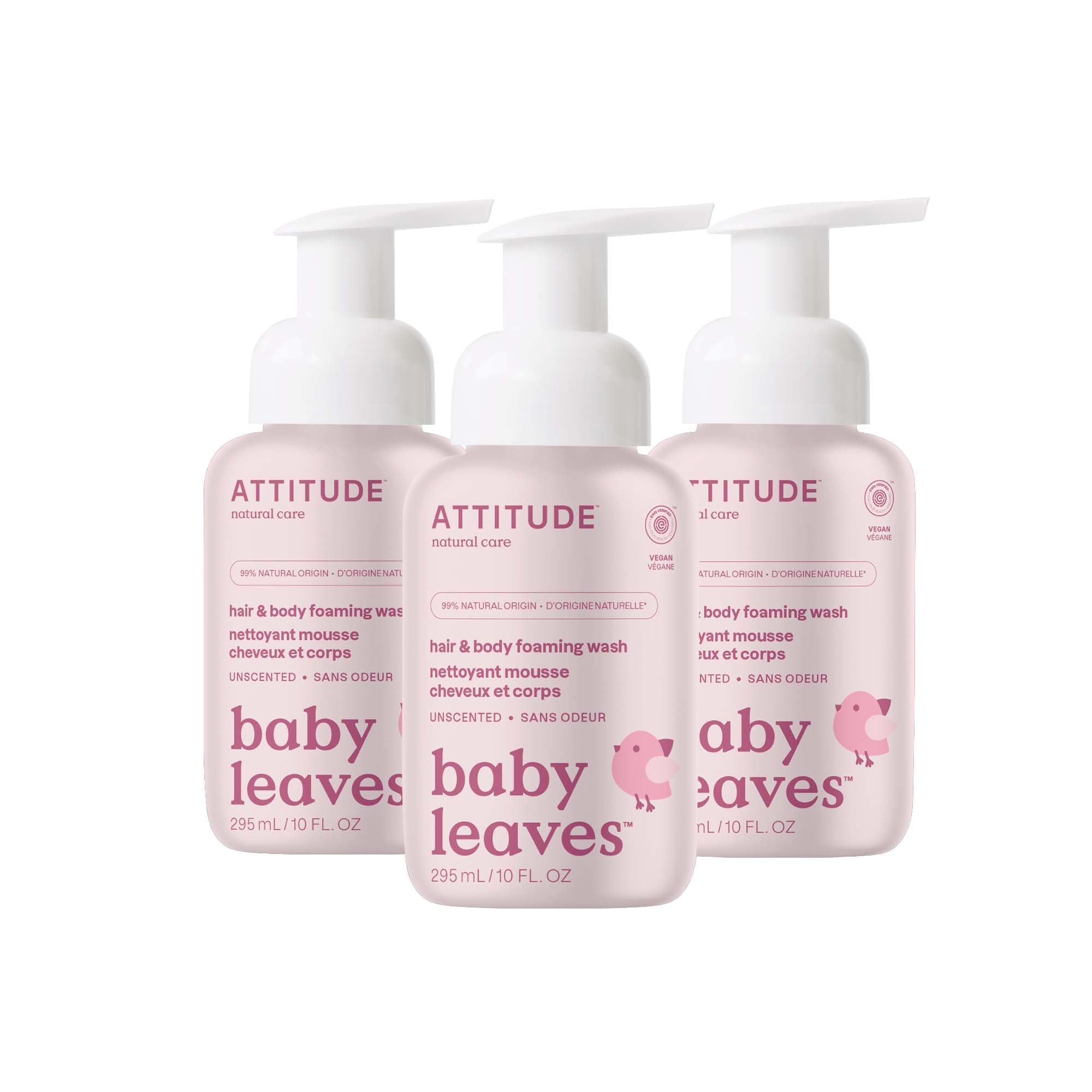 ATTITUDE 2-in-1 Hair and Body Foaming Baby Wash, EWG Verified Shampoo Soap, Dermatologically Tested, Made with Naturally Derived Ingredients, Vegan, Unscented, 295 mL