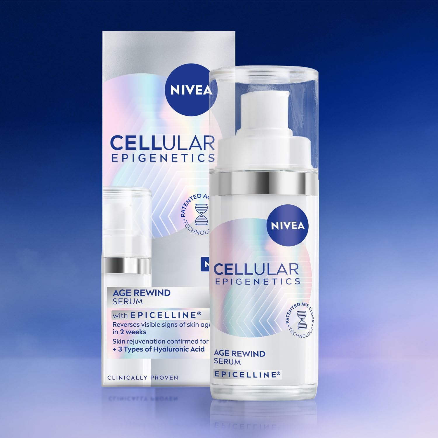 NIVEA CELLULAR Epigenetics Age Rewind Face Serum with Epicelline (30ml), Age Rewind Effect Hyaluronic Acid Serum for Firmer Skin, Anti-Wrinkle Face Moisturiser Formula with Triple Hyaluronic Acid Halalzen