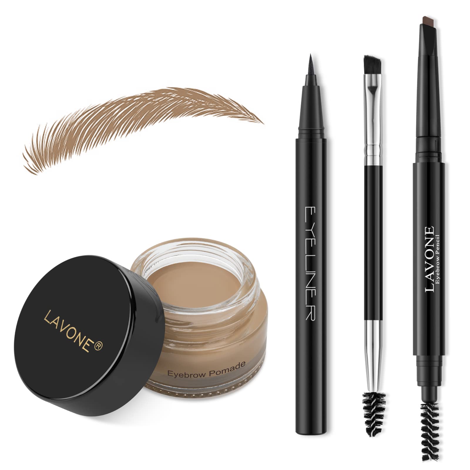 LAVONE Makeup Kit With Eyebrow Stamp Pencil, Waterproof Brow Pencil & Pomade, Eyeliner, Dual-ended Eyebrow Brush, Dark Brown