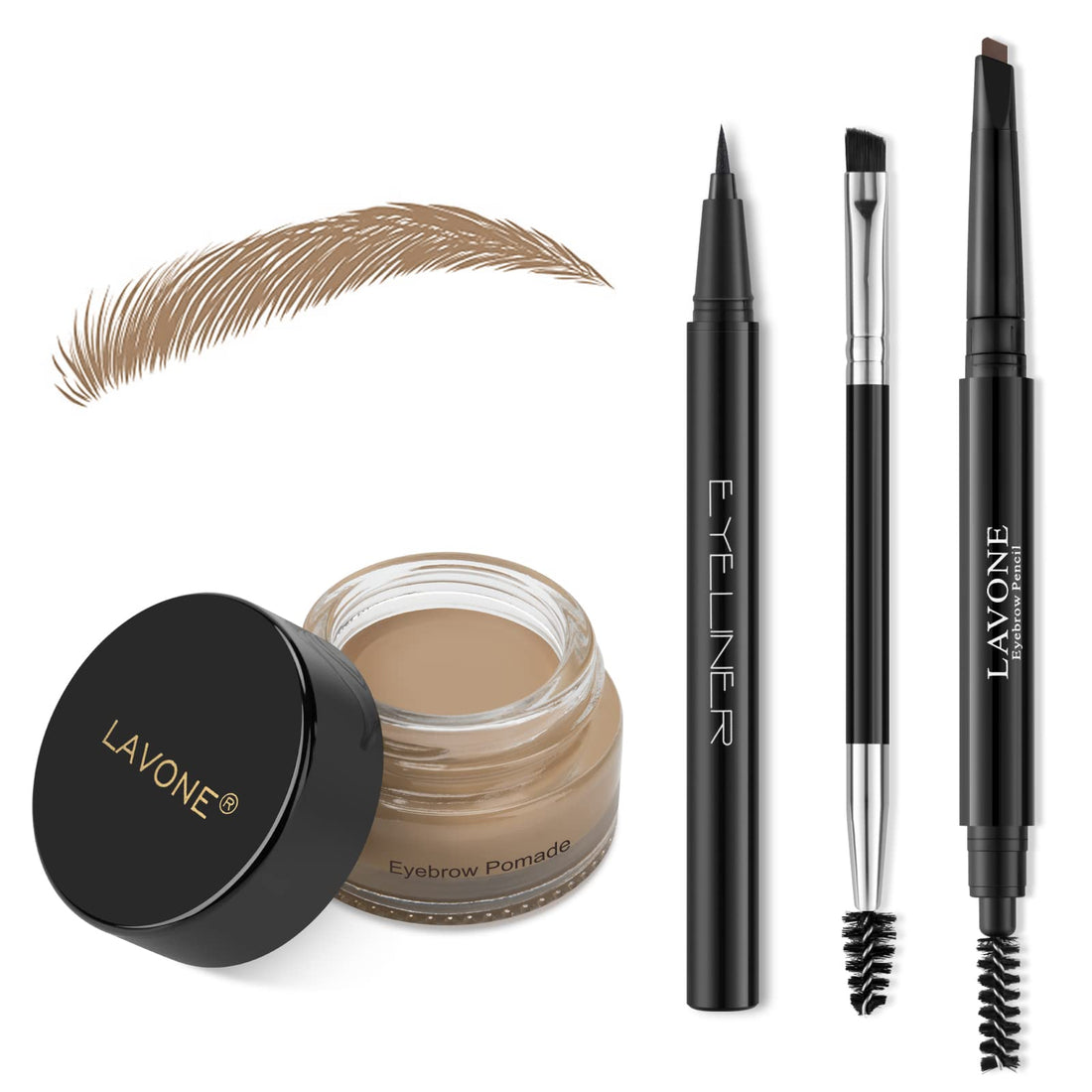 LAVONE Makeup Kit With Eyebrow Stamp Pencil, Waterproof Brow Pencil & Pomade, Eyeliner, Dual-ended Eyebrow Brush, Dark Brown