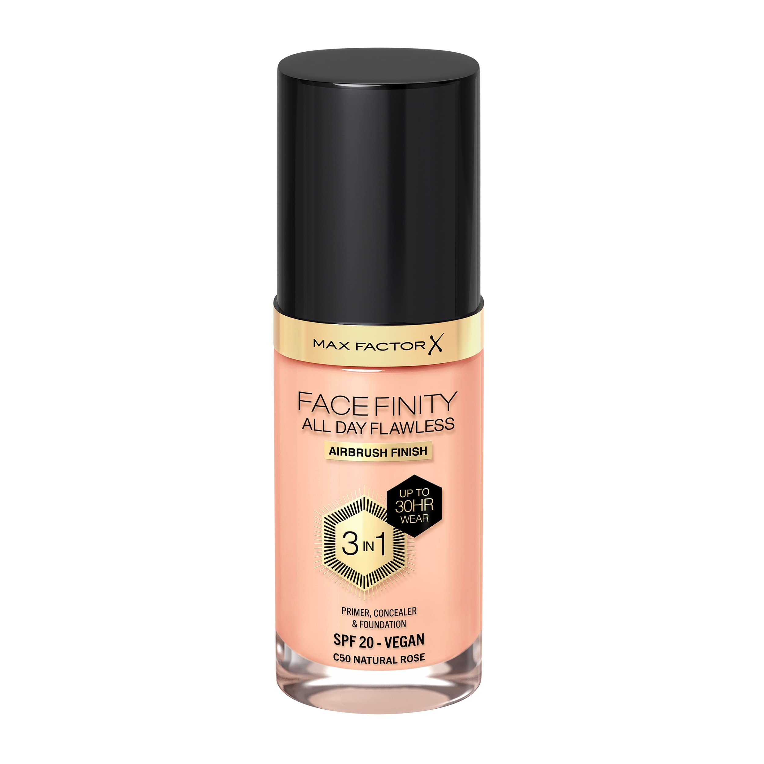 MAX FACTOR - Facefinity All Day Flawless Foundation - 3-in-1 Concealer, Liquid Foundation & Face Primer - Up To 30hr Wear - Flawless Airbrush Finish, SPF 20, Vegan - C50 Natural Rose - 30ml Halalzen