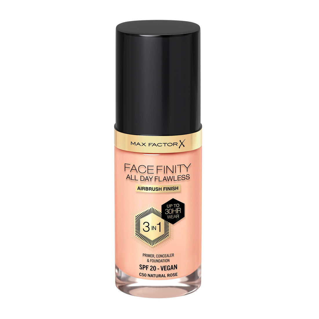MAX FACTOR - Facefinity All Day Flawless Foundation - 3-in-1 Concealer, Liquid Foundation & Face Primer - Up To 30hr Wear - Flawless Airbrush Finish, SPF 20, Vegan - C50 Natural Rose - 30ml Halalzen