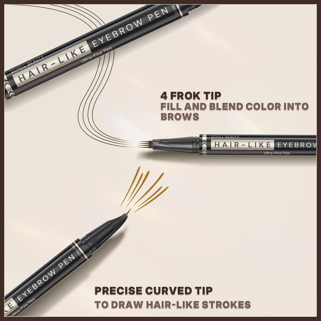 2CHILL 30° Curved Eyebrow Pencil, Magic 2 in 1 Eyebrow Pen Pro, Waterproof Eye Brow Pen with 4 Tips, Vivid Microblading Brow Pencils for Women, Last All Day Makeup (03 Dark Brown)