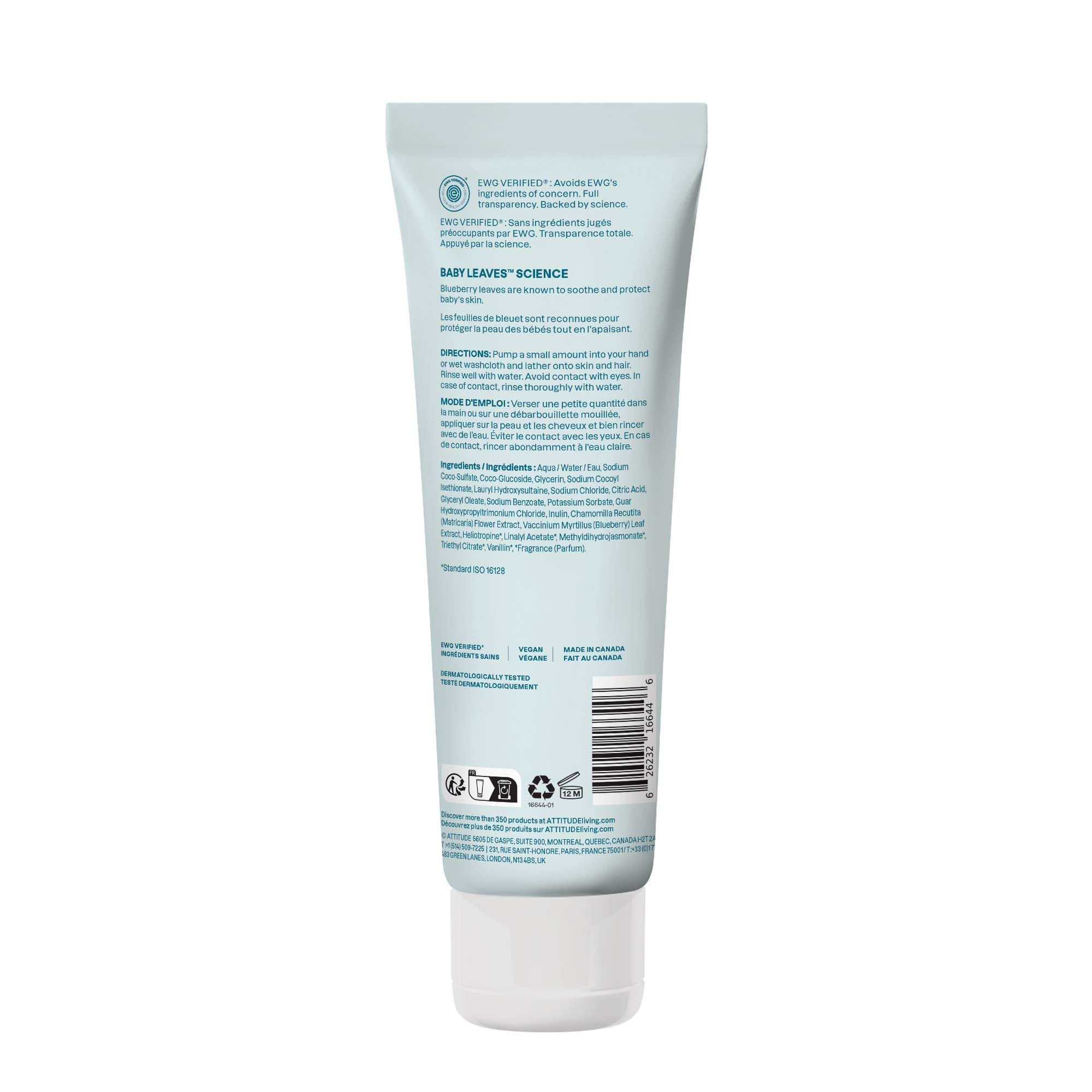 ATTITUDE 2in1 Hair Shampoo and Body Wash for Baby, Plant and Mineral-Based Gentle Formula, EWG Verified, Vegan Baby Products, Pear Nectar, 473 mL