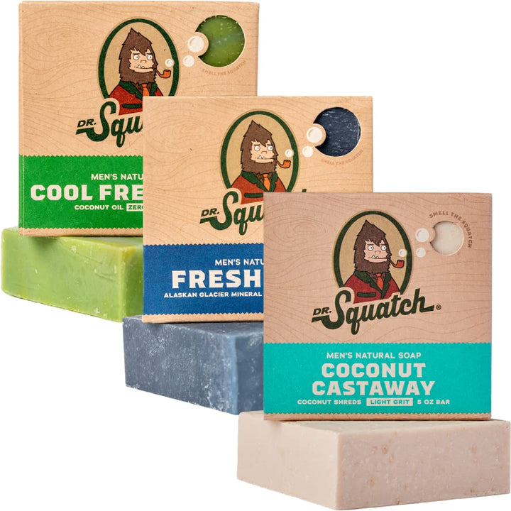 Dr. Squatch Natural Men’s Bar Soap - Cold Process Body Soap Bar with Natural Oils - Gifts for Men - Birchwood Breeze, Fresh Falls & Wood Barrel Bourbon (5 oz, 3-Pack)