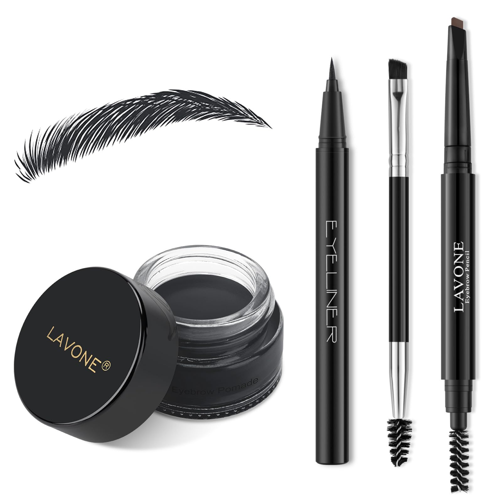 LAVONE Makeup Kit With Eyebrow Stamp Pencil, Waterproof Brow Pencil & Pomade, Eyeliner, Dual-ended Eyebrow Brush, Dark Brown
