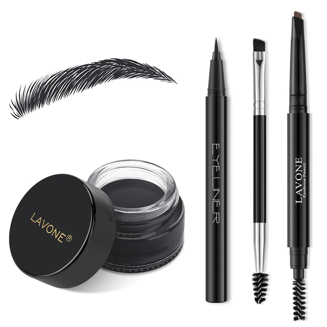 LAVONE Makeup Kit With Eyebrow Stamp Pencil, Waterproof Brow Pencil & Pomade, Eyeliner, Dual-ended Eyebrow Brush, Dark Brown