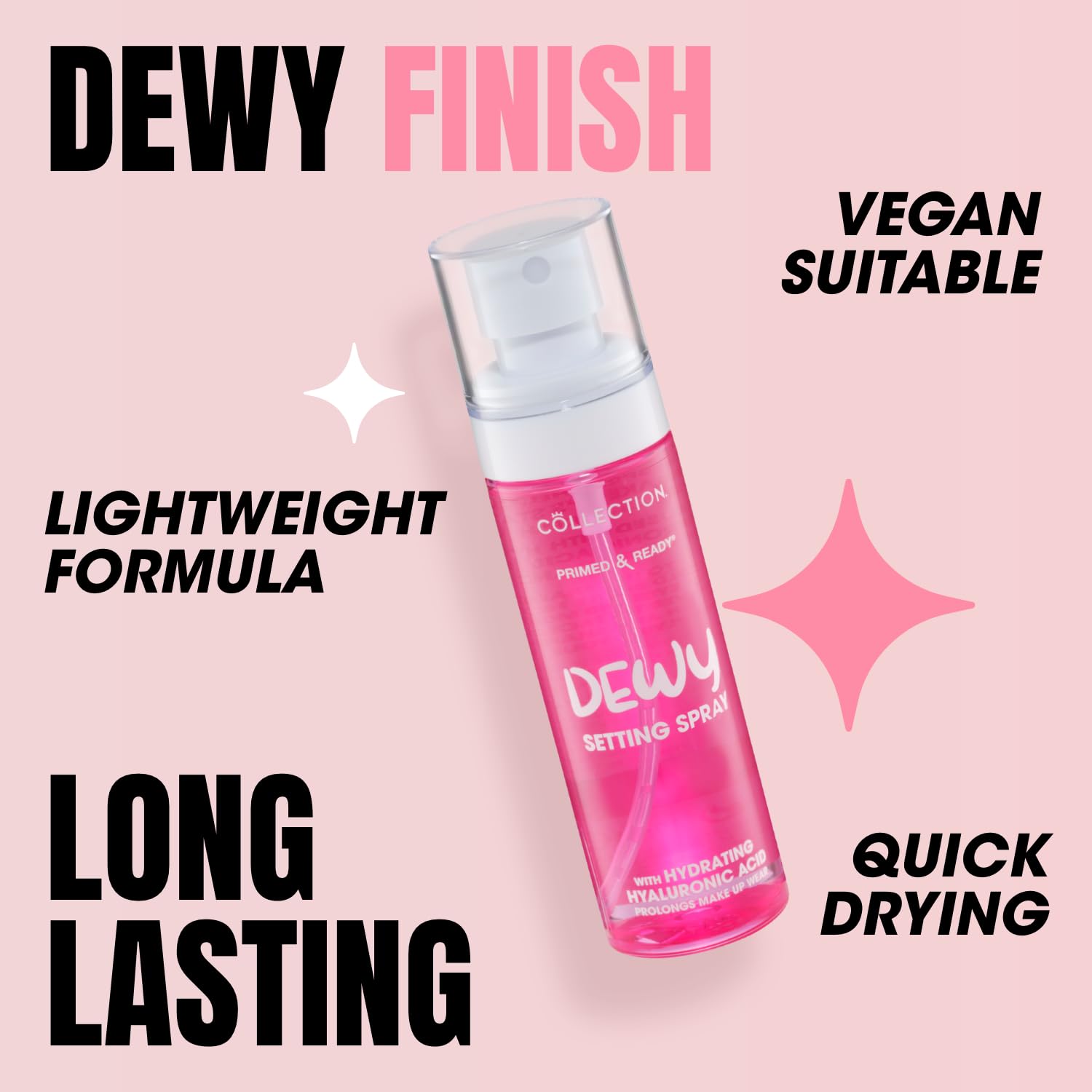 Collection Cosmetics Primed & Ready Dewy Setting Spray, Long Lasting, Hydrating, Dewy Finish, With Added Hyaluronic Acid Halalzen