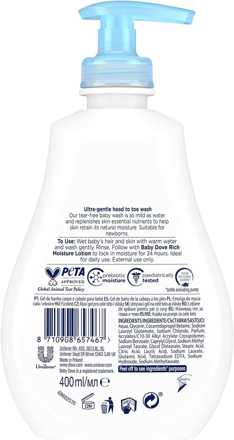 Baby Dove Rich Moisture Head to Toe Wash - Gentle & Nourishing Hair and Body Wash for Babies, Tear-Free Formula, Delicate Fragrance, Keeps Hair and Skin Soft, Ideal for Newborns - 400ml, Pack of 3