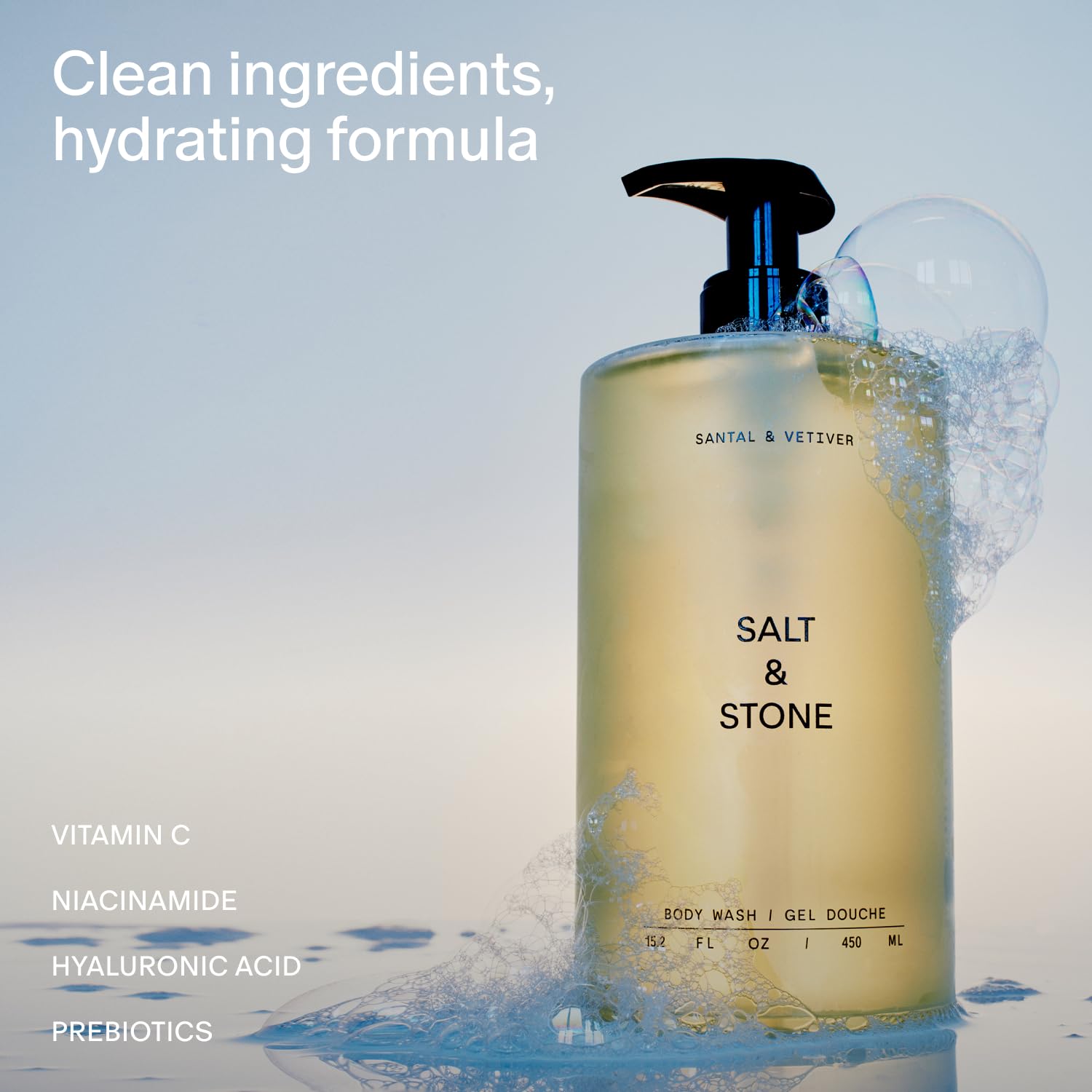 Salt & Stone Body Wash with Antioxidants for Deep Moisture | For Women & Men, Sulfate, Paraben, & Dye Free, Leaving Skin Soft and Hydrated | Bergamot & Hinoki 15.2 fl oz