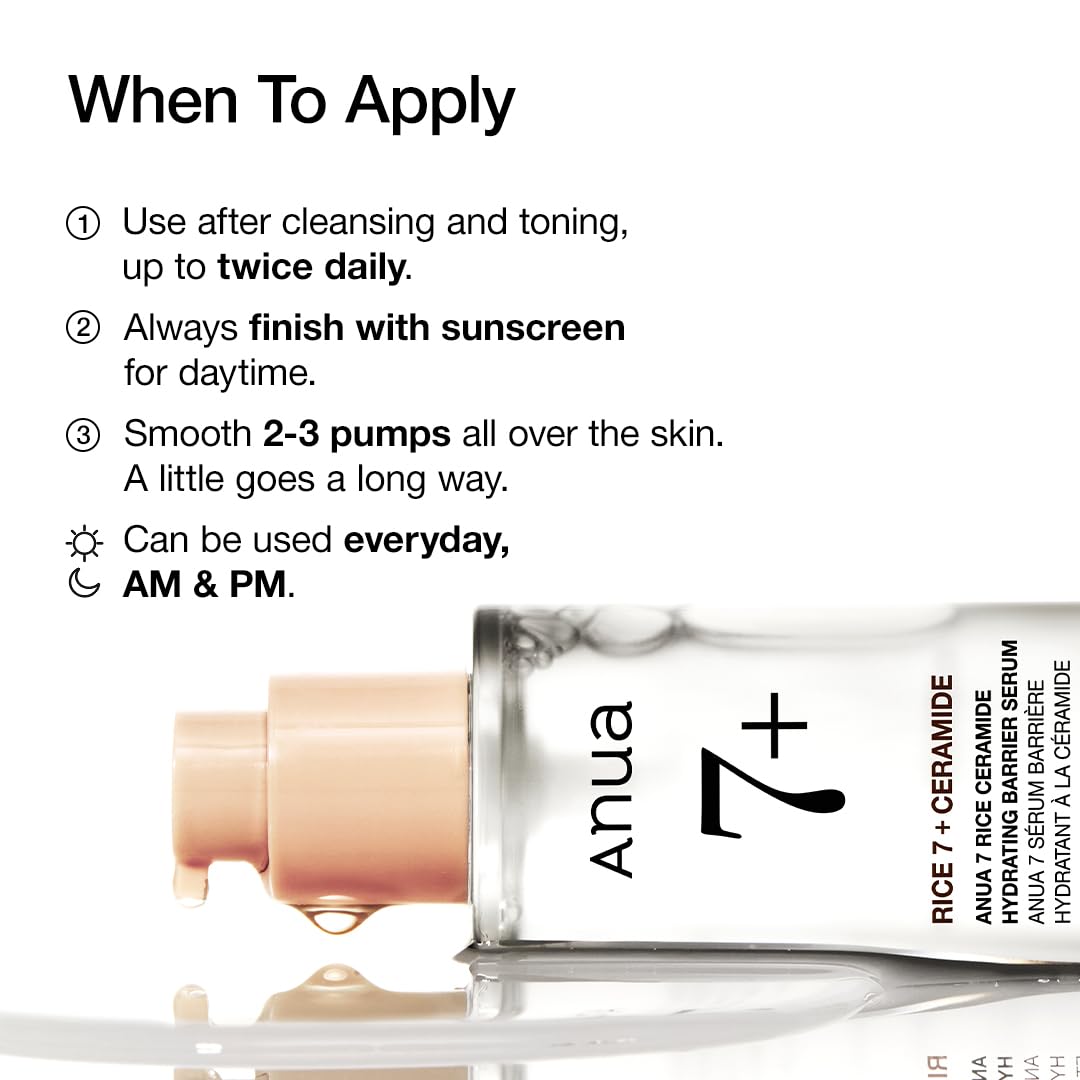 Anua Rice Ceramide 7 Hydrating Barrier Serum, Moisturizing Face Serum, Non-comodogenic, Hyaluronic Acid, Niacinamide, Lightweight, Fragrance Free, Sensitive Dry Skin, Korean Skincare, 1.69 fl oz Halalzen