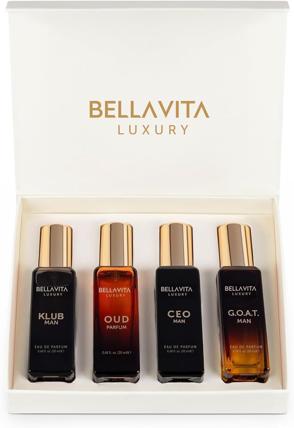 Bellavita Luxury Men's Perfume Gift Set with CEO Man, G.O.A.T., Klub, and Oud | 80ml | Perfume for Men | Lavender, Patchouli, Lemon, and Caramel Notes | Long Lasting Men's Fragrance Halalzen