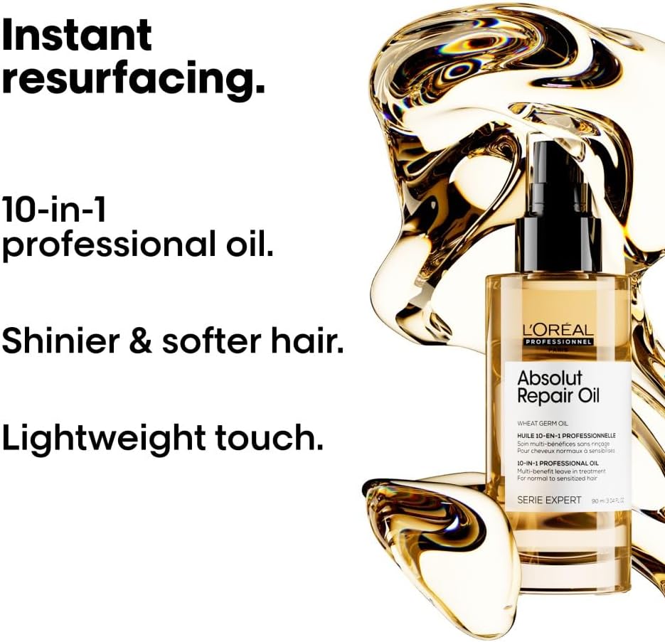 L’Oréal Professionnel Absolut Repair 10-in-1 Leave-in Oil, With Protein And Gold Quinoa for Dry And Damaged Hair, Serie Expert, 90 ml