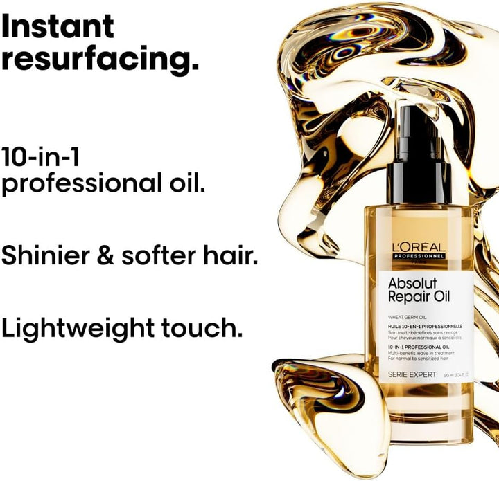 L’Oréal Professionnel Absolut Repair 10-in-1 Leave-in Oil, With Protein And Gold Quinoa for Dry And Damaged Hair, Serie Expert, 90 ml Halalzen