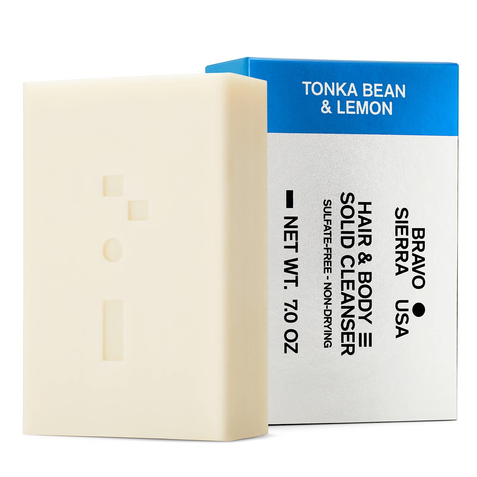 Bravo Sierra Pain de Savon Corps et Cheveux Tout-en-Un - Fève Tonka & Citron, 200 g - Noix de Coco, Beurre de Karité et Farine d'Avoine pour une Peau Douce et des Cheveux Sains
