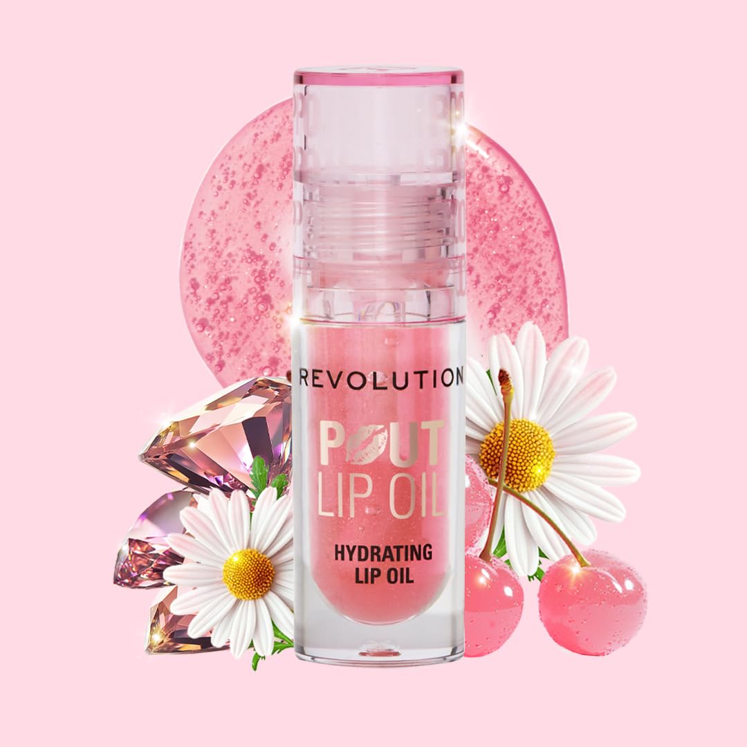Revolution, Pout Lip Oil, Nourishing Tinted Lip Oil, High Shine, Non-Sticky Finish, Vegan & Cruelty-Free, Glam Pink Shimmer, 4ml