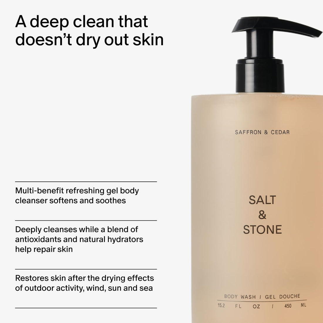 Salt & Stone Body Wash with Antioxidants for Deep Moisture | For Women & Men, Sulfate, Paraben, & Dye Free, Leaving Skin Soft and Hydrated | Bergamot & Hinoki 15.2 fl oz