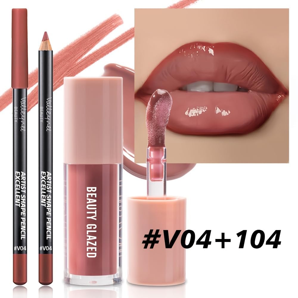 Lip Gloss and Lip Liner Set, Tinted Lip Gloss with Lip Pencil, Waterproof Long Lasting Glossy Lip Combo, Nude Lip Makeup Kit for Women (#V02+104) Halalzen