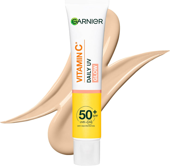Garnier Vitamin C Tinted Suncreen for Face, SPF50+ Daily UV Brightening Fluid Sheer Glow, Prevents, Corrects Sun Damages, Evens Skin tone, Face & Neck, For All Skin Types, Cruelty-Free, Vegan, 40ml