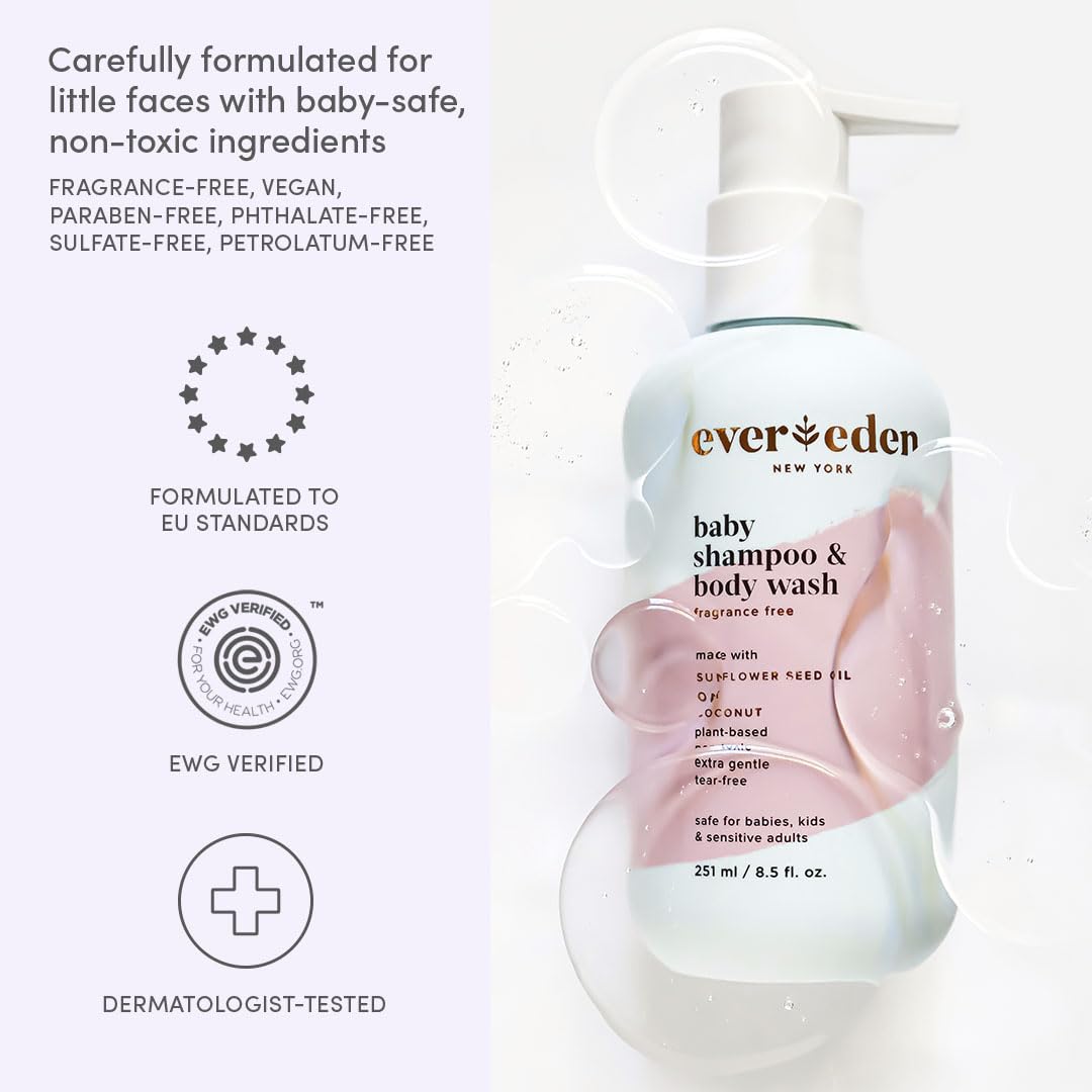 Evereden Baby Shampoo & Body Wash 2-in-1, 8.5 fl oz | Gentle, Non-Toxic, Fragrance-Free, Hydrating Formula for Sensitive Skin Halalzen