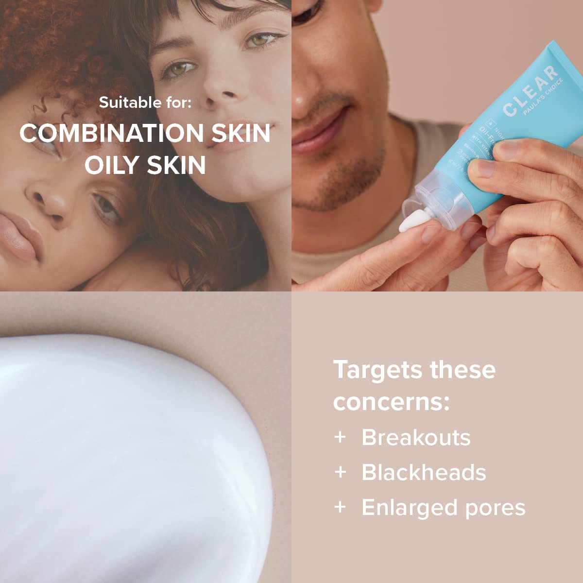 Paula's Choice CLEAR Oil Free Moisturiser - Lightweight Hydrating Night Cream - Reduces Blackheads & Enlarged Pores - Suitable for Acne Prone Skin - with Niacinamide - Combination to Oily - 60 ml