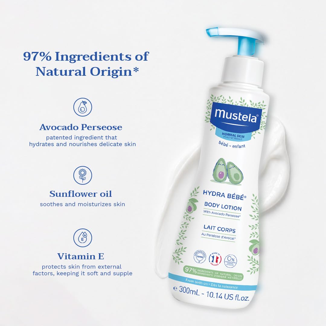 Mustela - Hydra Bébé Body Lotion – Long-Lasting Moisturiser for Baby and Children's Delicate Skin, Non-Greasy, Fast-Absorbing Baby Care formula with Avocado Perseose, Sunflower Oil and Beeswax - 300ml
