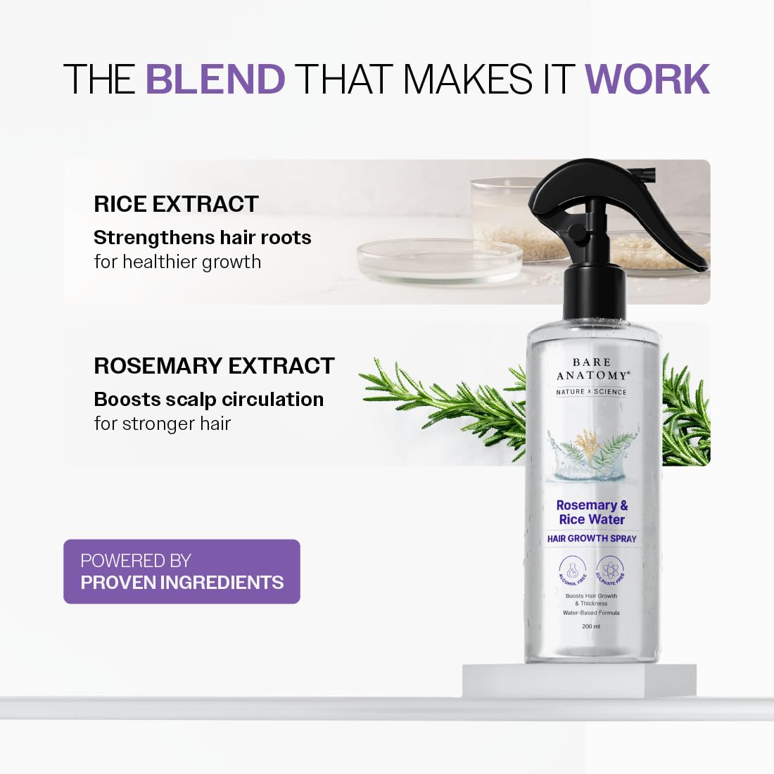 Bare Anatomy Rosemary & Rice Water Growth Spray | Thicker, Voluminous & Hydrated Hair | Reduces Breakage | Non Greasy & Fast Absorbing | 100% Natural Extract | All Hair Types | 100ml