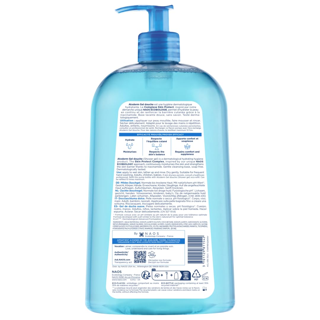 Bioderma Atoderm Shower Gel - Body Wash for Normal, Dry & Sensitive Skin, Gentle Cleanser that Softens & Protects Skin, Soap Free, Subtle Fragrance - 1L