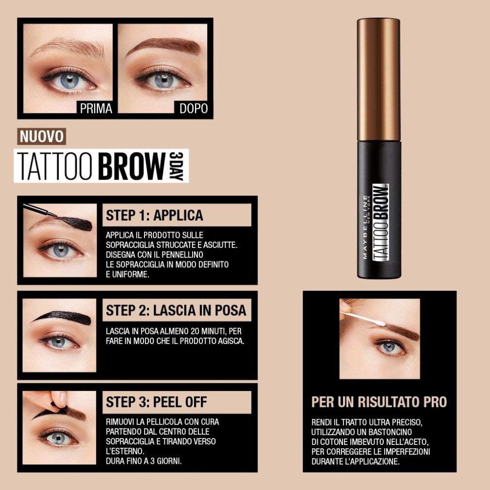 Maybelline New York Tattoo Brow Peel Off Eyebrow Gel Tint, Semi-Permanent Colour, Waterproof, Lasts up to 3 Days, Colour: Dark Brown