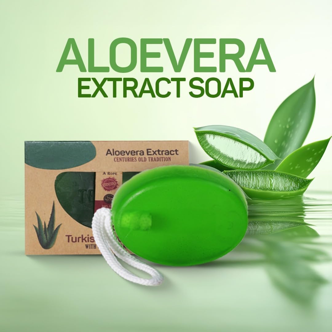 Aloe Vera Extract Turkish Bath Soap with Rope, Vegan Moisturizing Cleansing Bar for Sensitive Skin, Plant Based, 2 Pack Halalzen